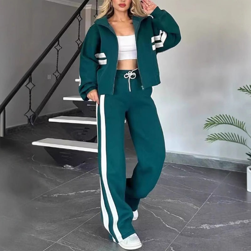 Contrast Stripe Zip Up Jacket and Wide Leg Pants Tracksuit Set for Women