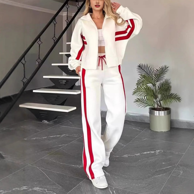 Contrast Stripe Zip Up Jacket and Wide Leg Pants Tracksuit Set for Women