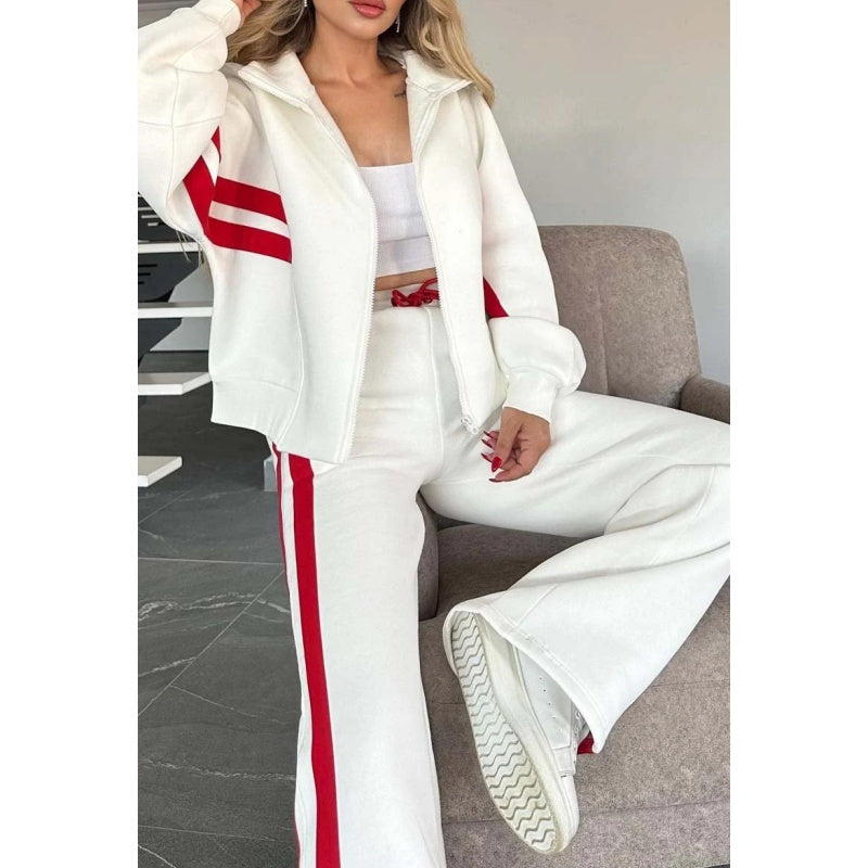 Contrast Stripe Zip Up Jacket and Wide Leg Pants Tracksuit Set for Women