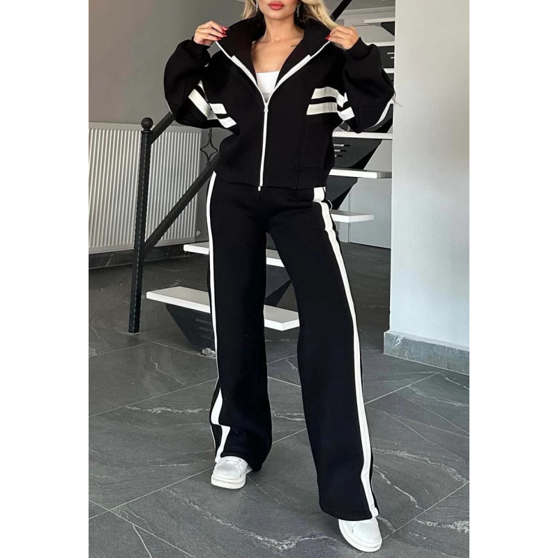 Contrast Stripe Zip Up Jacket and Wide Leg Pants Tracksuit Set for Women