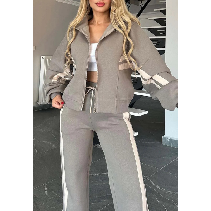 Contrast Stripe Zip Up Jacket and Wide Leg Pants Tracksuit Set for Women