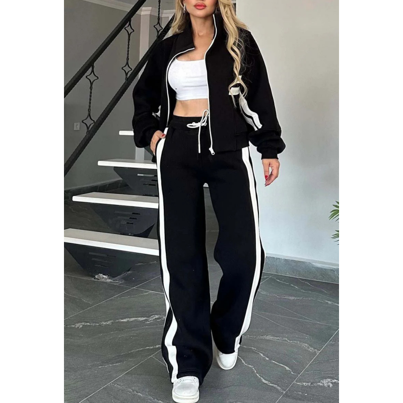 Contrast Stripe Zip Up Jacket and Wide Leg Pants Tracksuit Set for Women