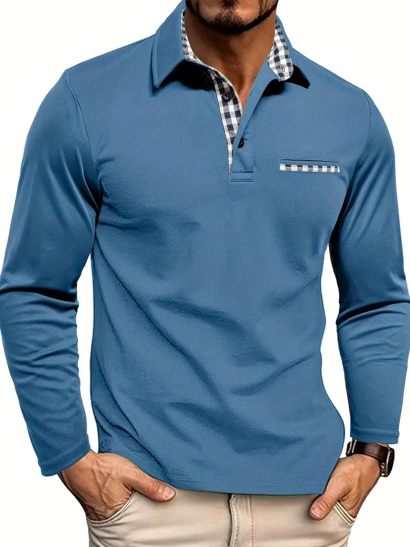 Cotton Blend Long Sleeve Polo Shirt for Men | Button Placket Collared Shirt