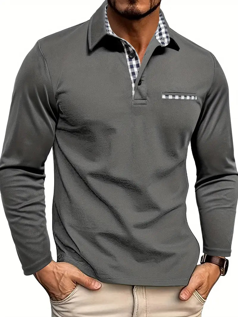 Cotton Blend Long Sleeve Polo Shirt for Men | Button Placket Collared Shirt