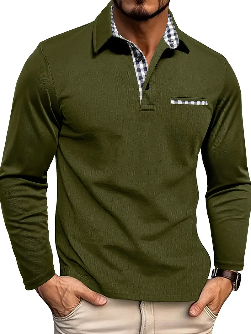 Cotton Blend Long Sleeve Polo Shirt for Men | Button Placket Collared Shirt