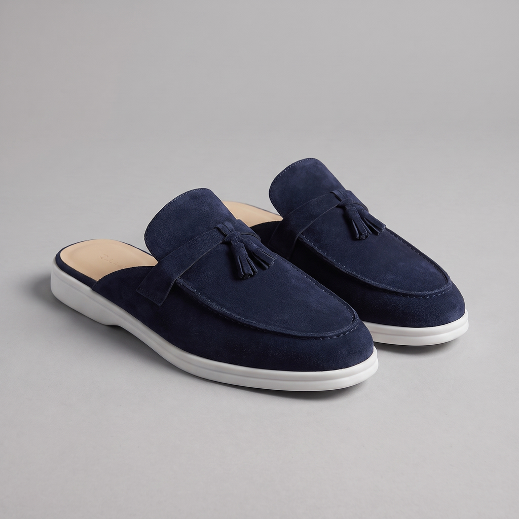 Beige Suede Slip-On Loafer Mules for Men with Metal Buckle