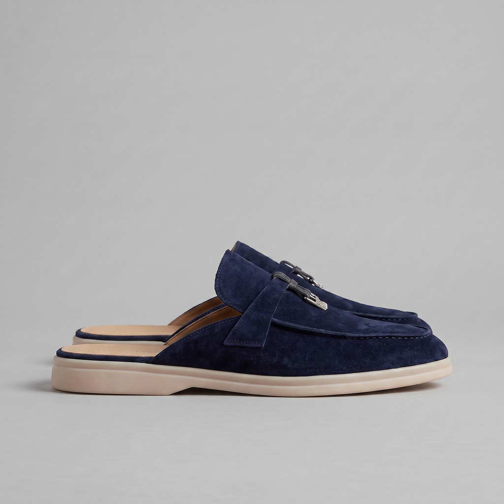Beige Suede Slip-On Loafer Mules for Men with Metal Buckle