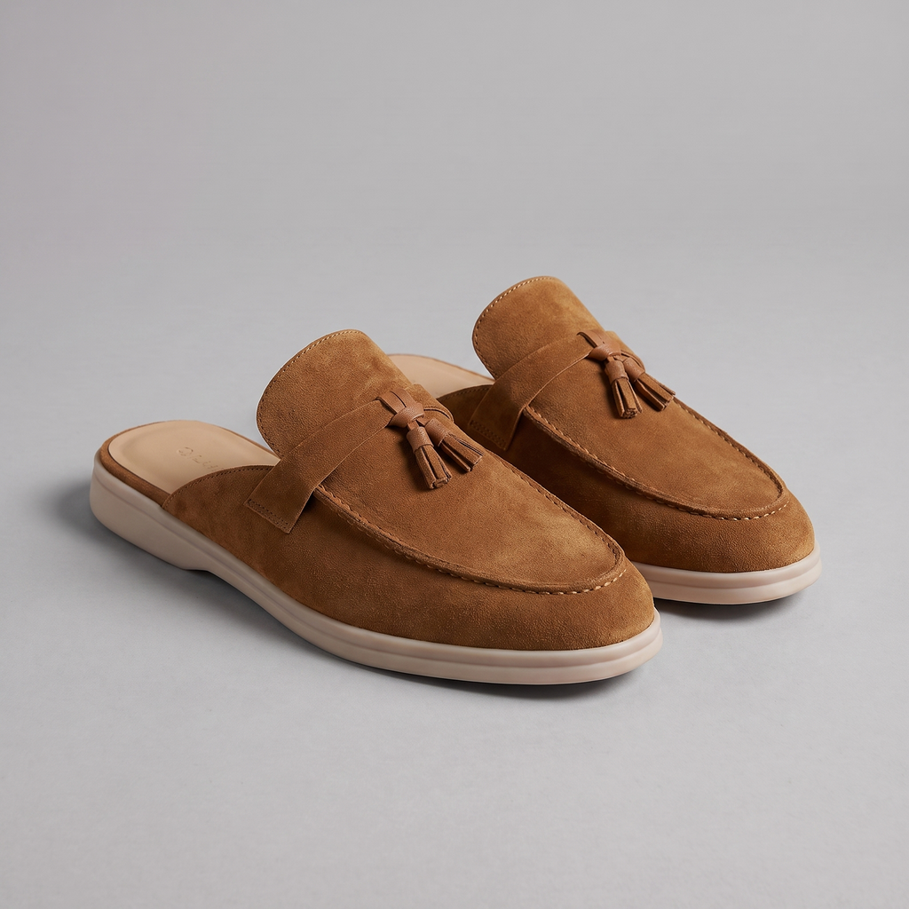 Beige Suede Slip-On Loafer Mules for Men with Metal Buckle