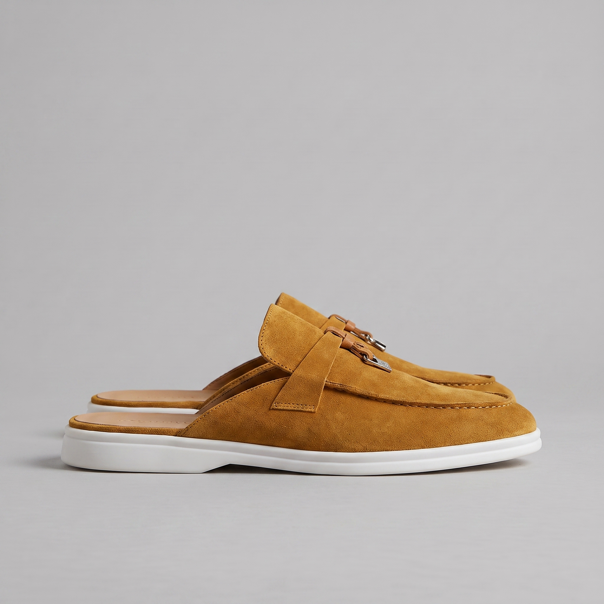 Beige Suede Slip-On Loafer Mules for Men with Metal Buckle