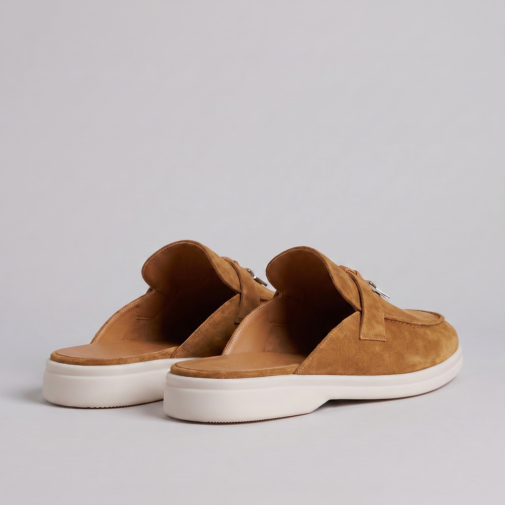 Beige Suede Slip-On Loafer Mules for Men with Metal Buckle