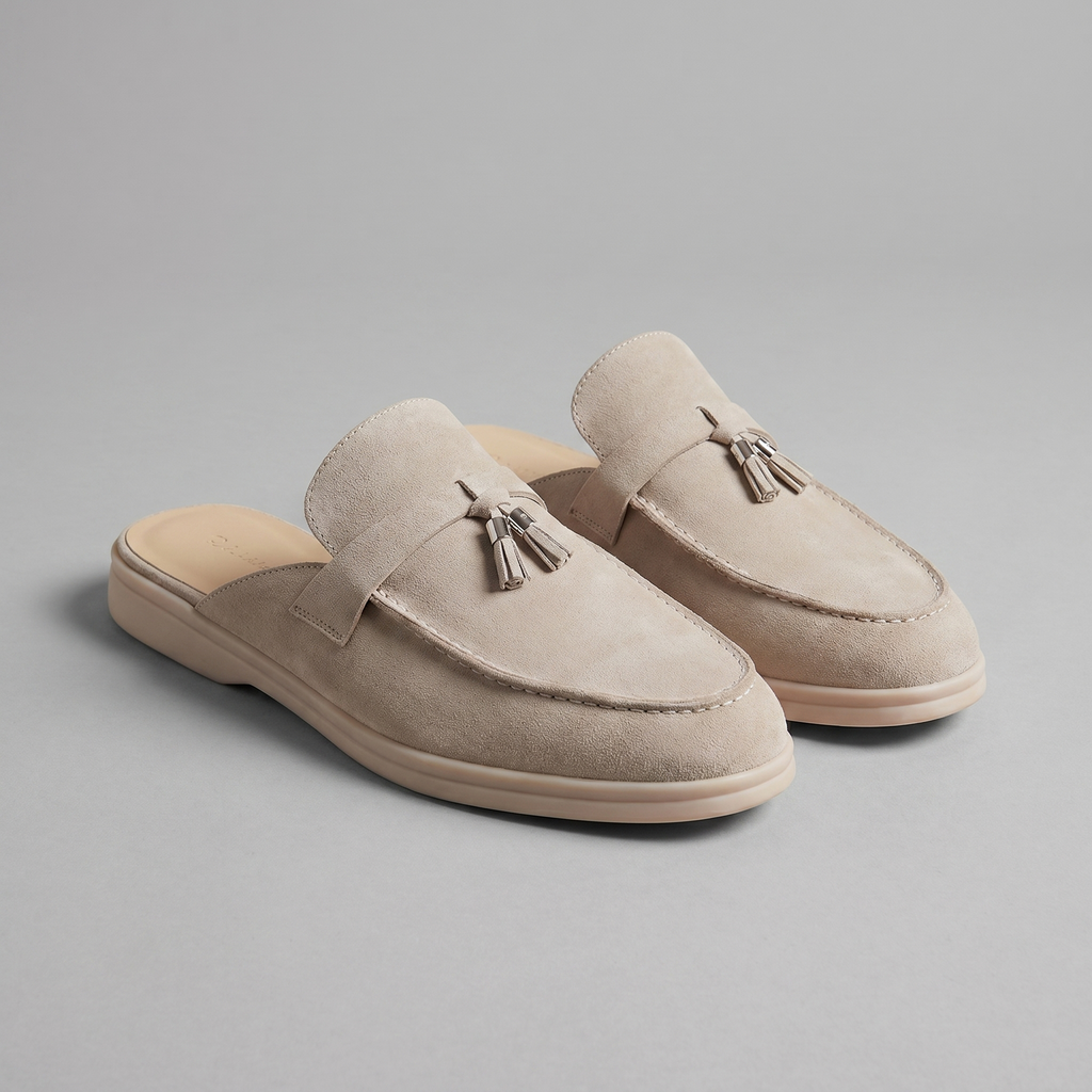 Beige Suede Slip-On Loafer Mules for Men with Metal Buckle
