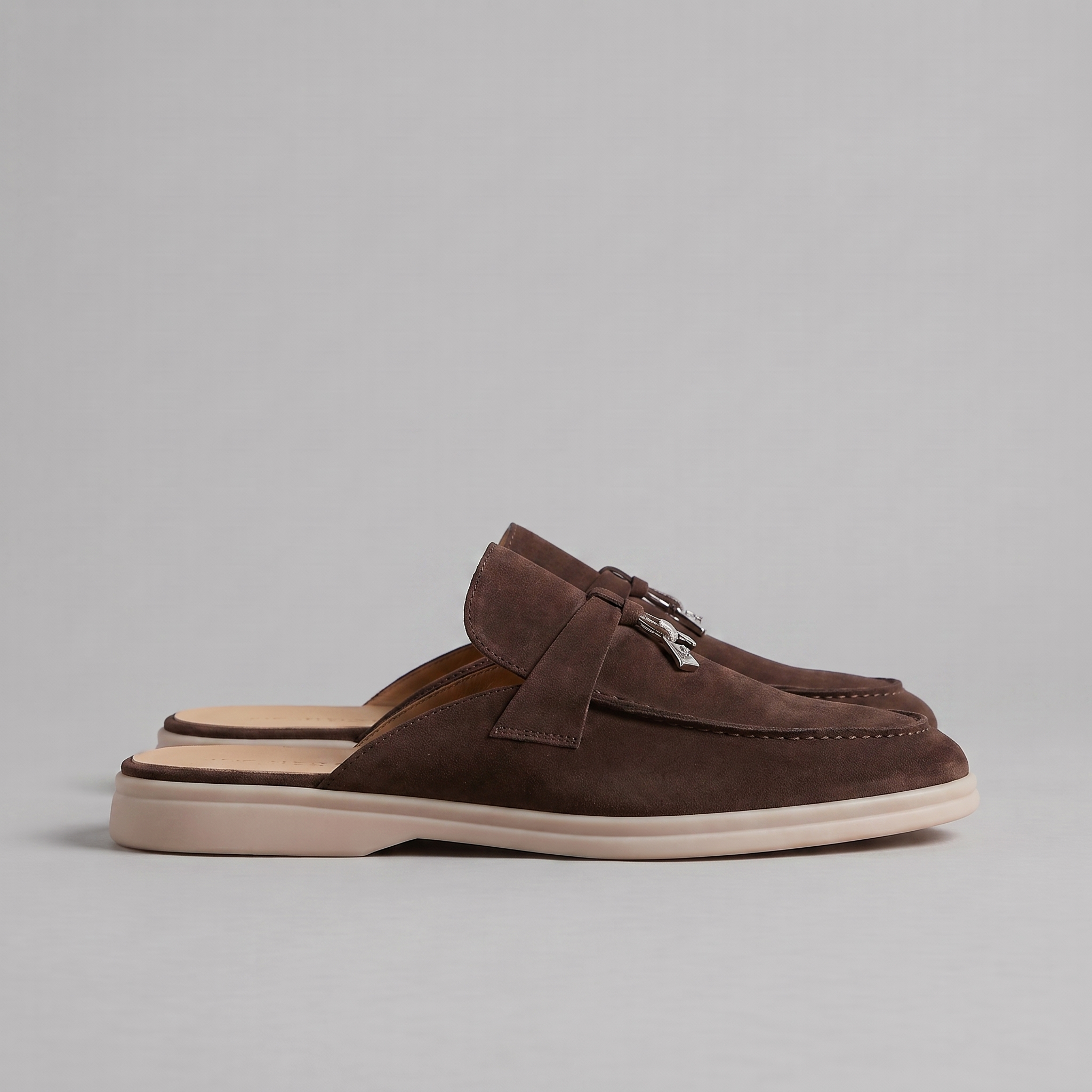 Beige Suede Slip-On Loafer Mules for Men with Metal Buckle
