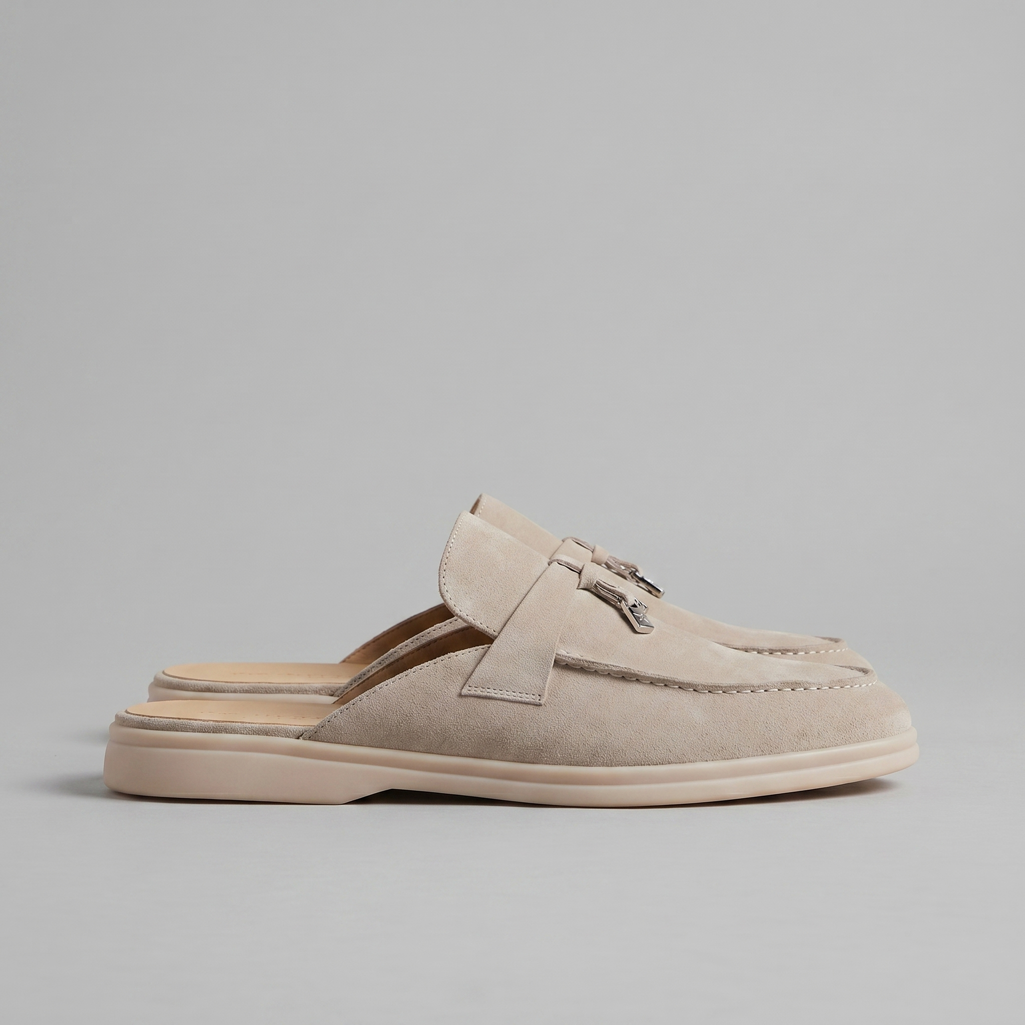 Beige Suede Slip-On Loafer Mules for Men with Metal Buckle