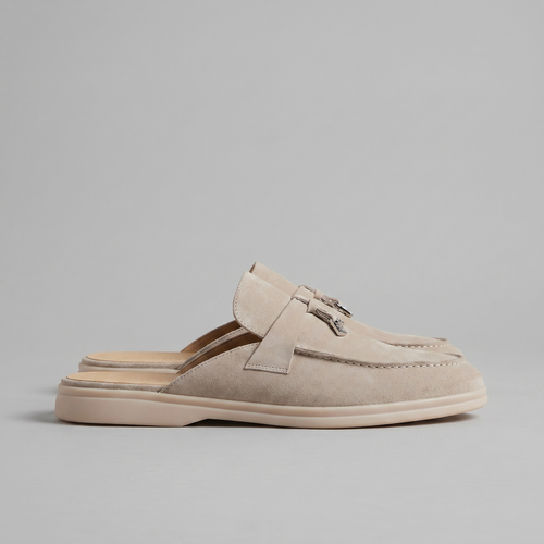 Beige Suede Slip-On Loafer Mules for Men with Metal Buckle