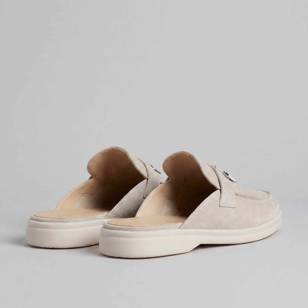 Beige Suede Slip-On Loafer Mules for Men with Metal Buckle