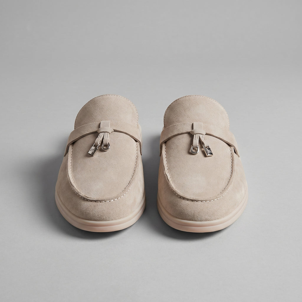 Beige Suede Slip-On Loafer Mules for Men with Metal Buckle