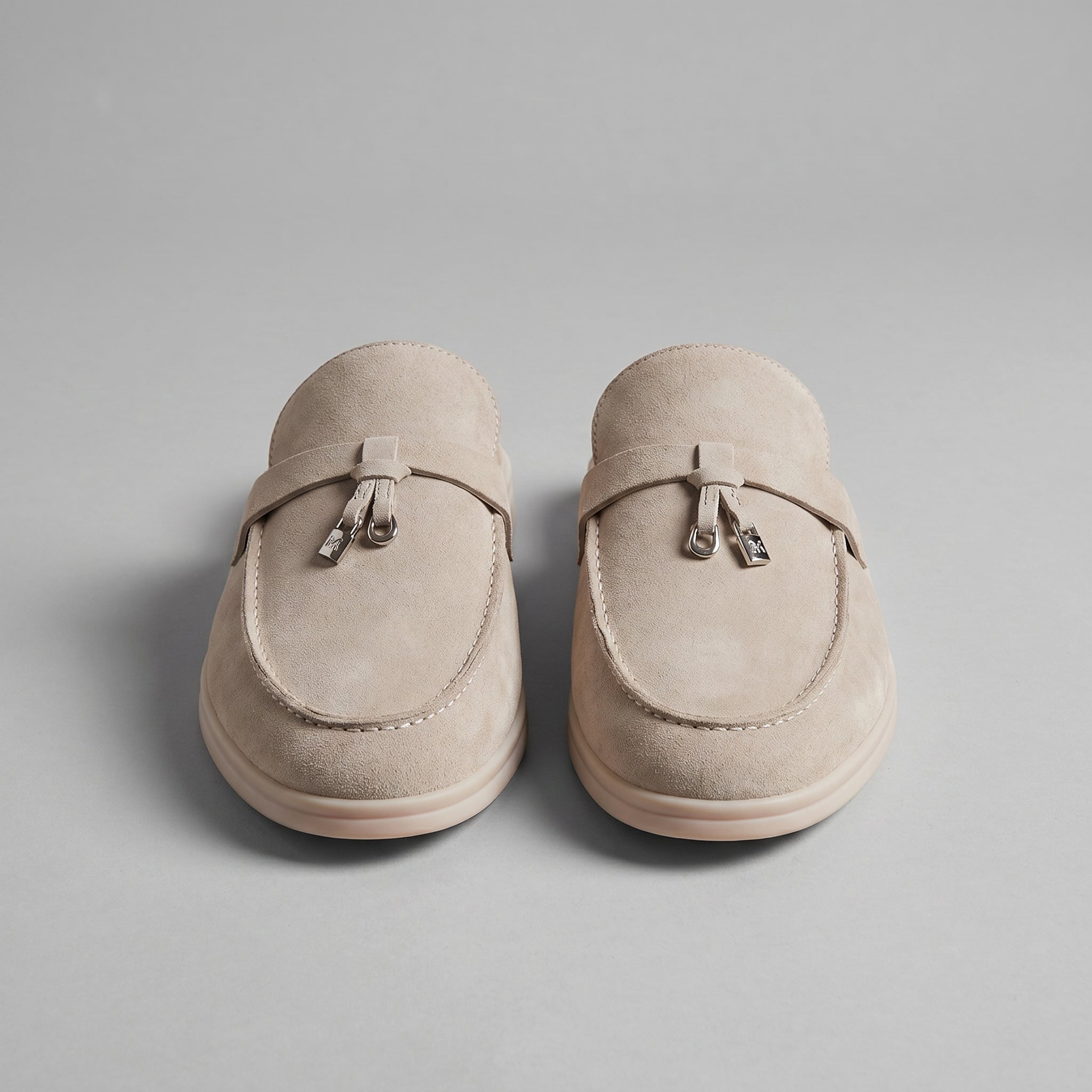 Beige Suede Slip-On Loafer Mules for Men with Metal Buckle