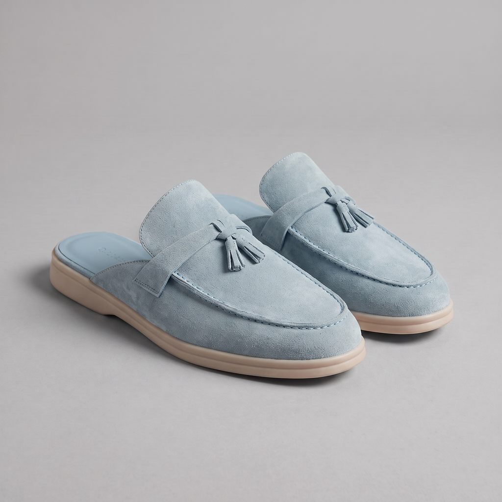 Beige Suede Slip-On Loafer Mules for Men with Metal Buckle