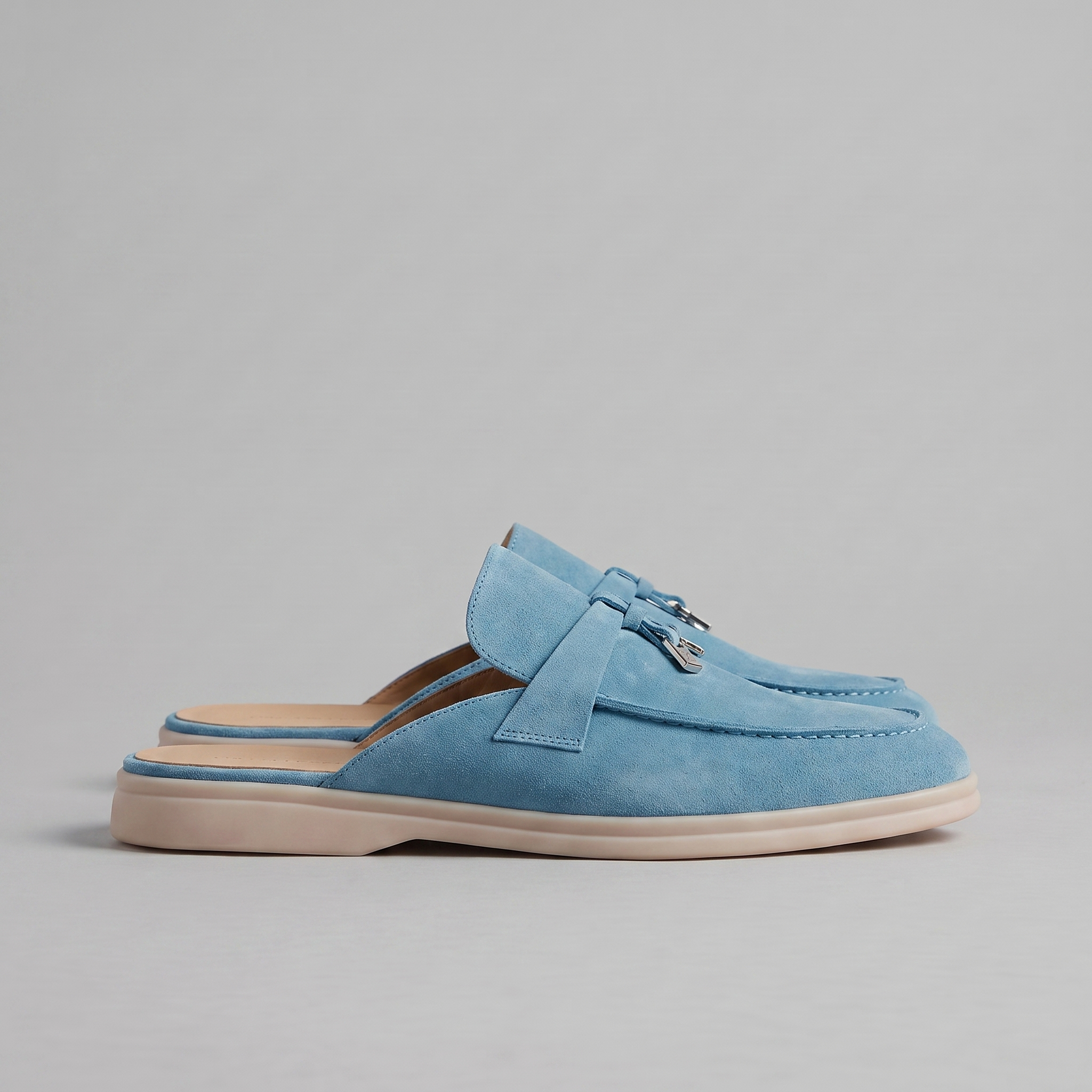Beige Suede Slip-On Loafer Mules for Men with Metal Buckle