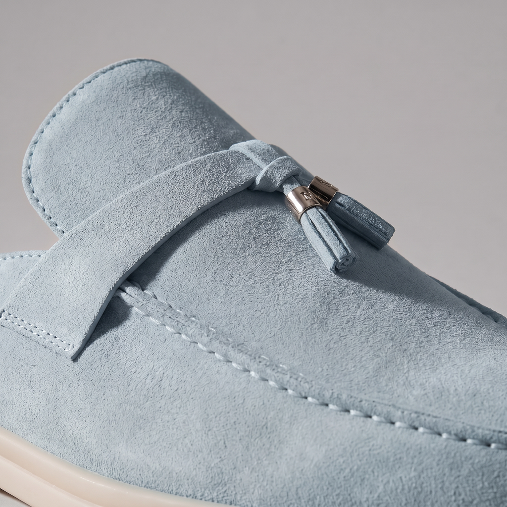 Beige Suede Slip-On Loafer Mules for Men with Metal Buckle