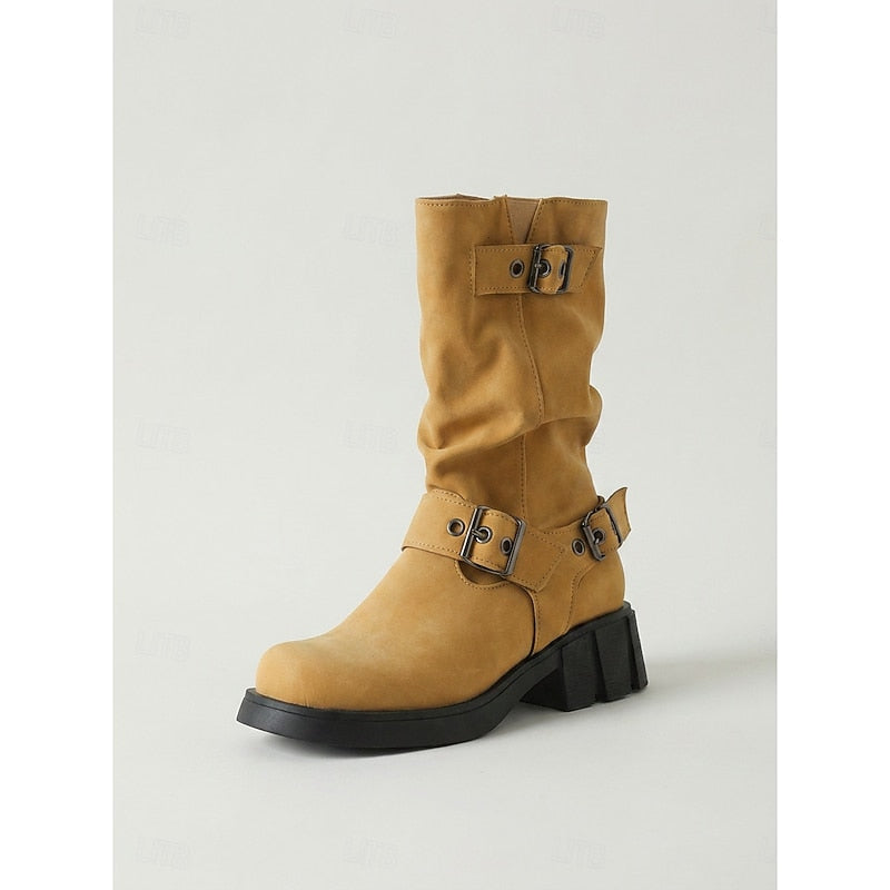 Mid Calf Vintage Buckle Biker Boots with Block Heel and Lug Sole for Women