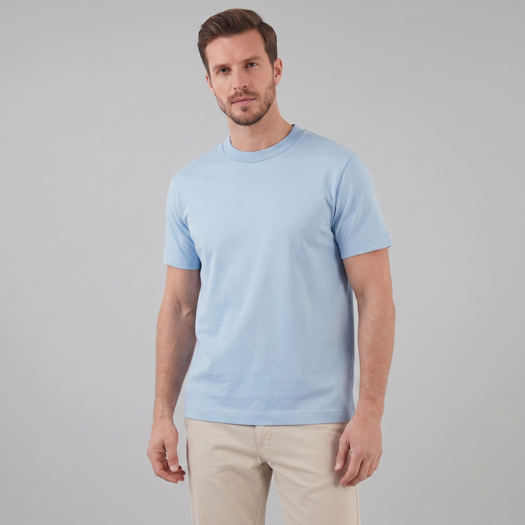 Light Blue Cotton Crew Neck T-Shirt for Men