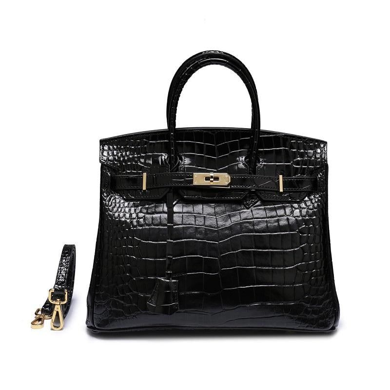 Genuine Leather Twist Lock Multi Pocket Handbag with Gold Hardware for Women