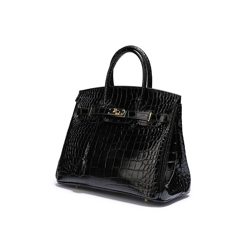 Genuine Leather Twist Lock Multi Pocket Handbag with Gold Hardware for Women
