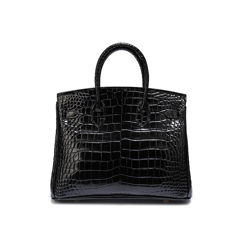 Genuine Leather Twist Lock Multi Pocket Handbag with Gold Hardware for Women