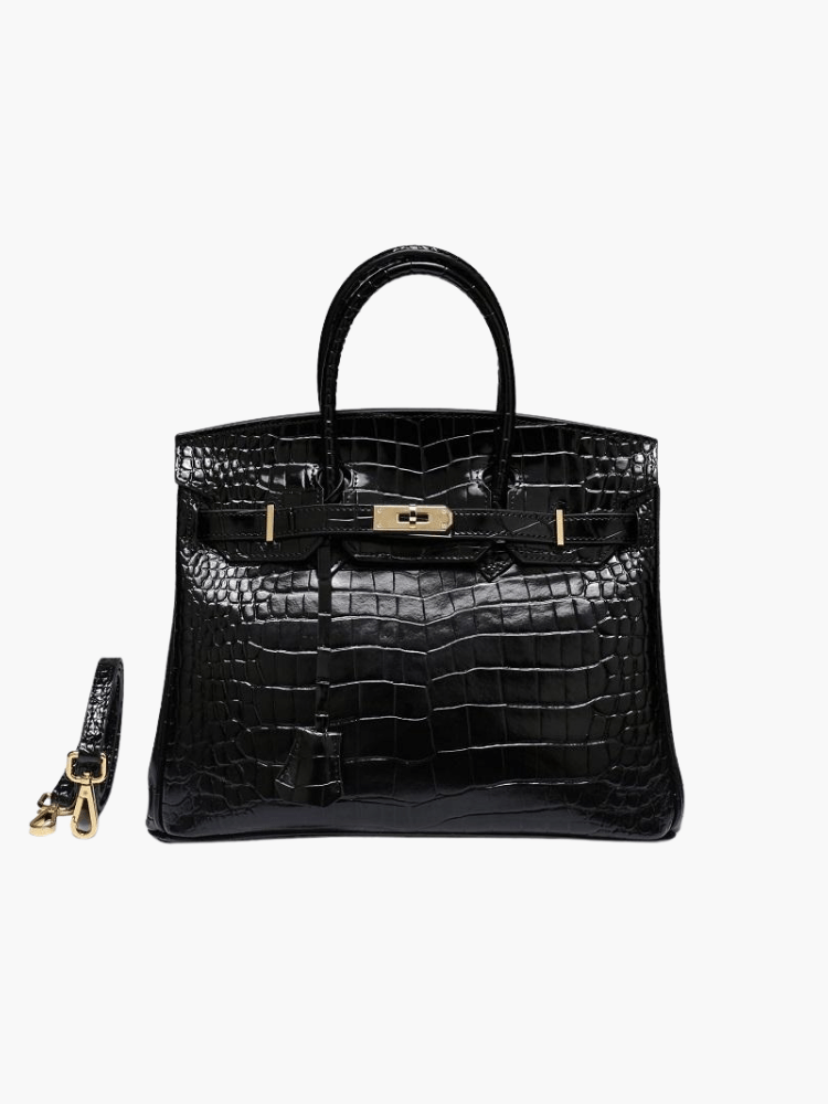 Genuine Leather Twist Lock Multi Pocket Handbag with Gold Hardware for Women