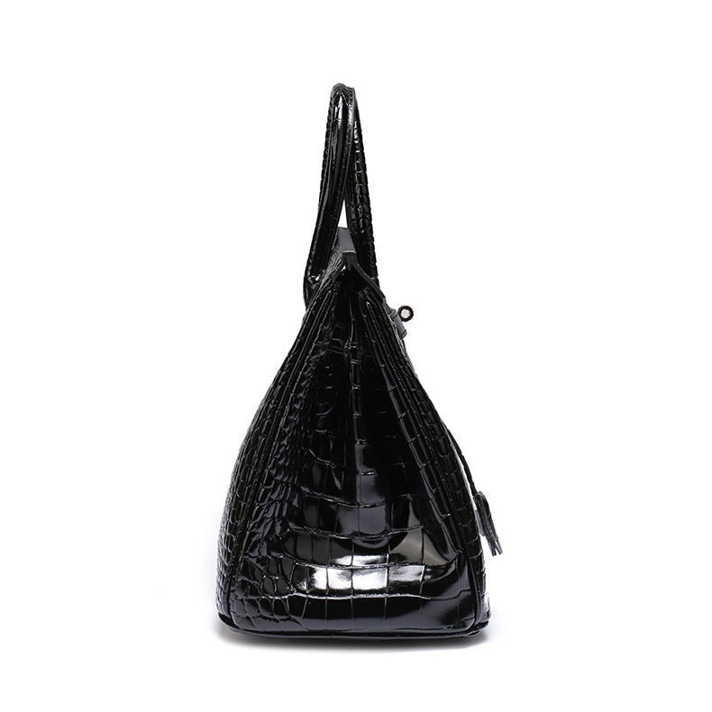 Genuine Leather Twist Lock Multi Pocket Handbag with Gold Hardware for Women