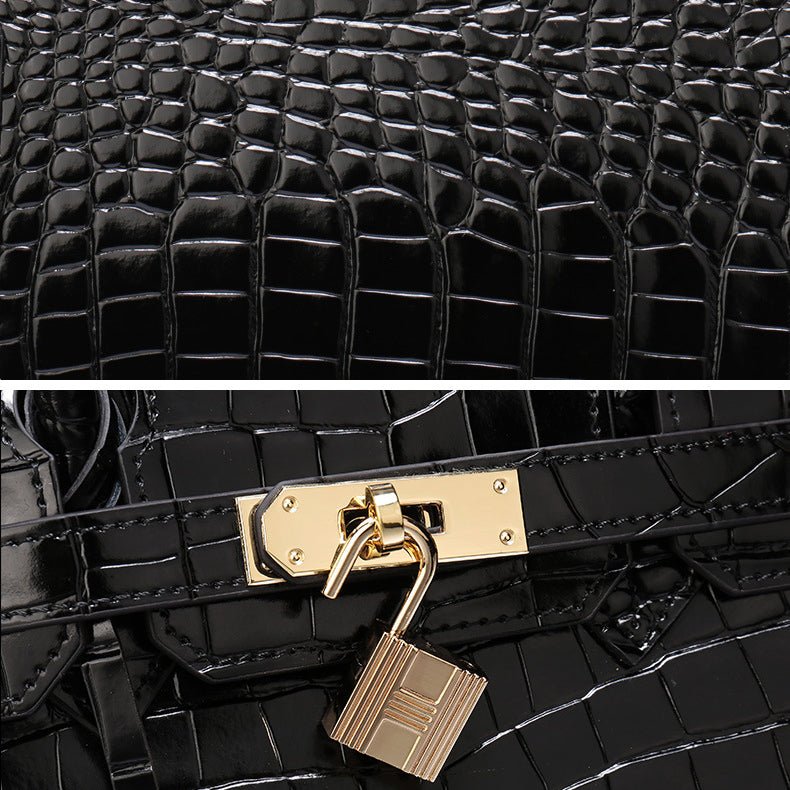 Genuine Leather Twist Lock Multi Pocket Handbag with Gold Hardware for Women
