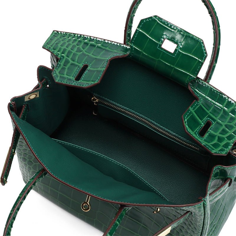 Genuine Leather Twist Lock Multi Pocket Handbag with Gold Hardware for Women