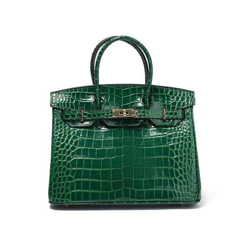 Genuine Leather Twist Lock Multi Pocket Handbag with Gold Hardware for Women