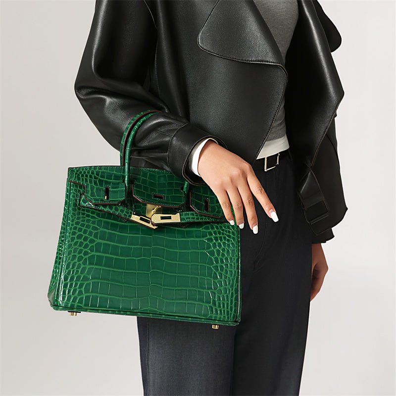 Genuine Leather Twist Lock Multi Pocket Handbag with Gold Hardware for Women