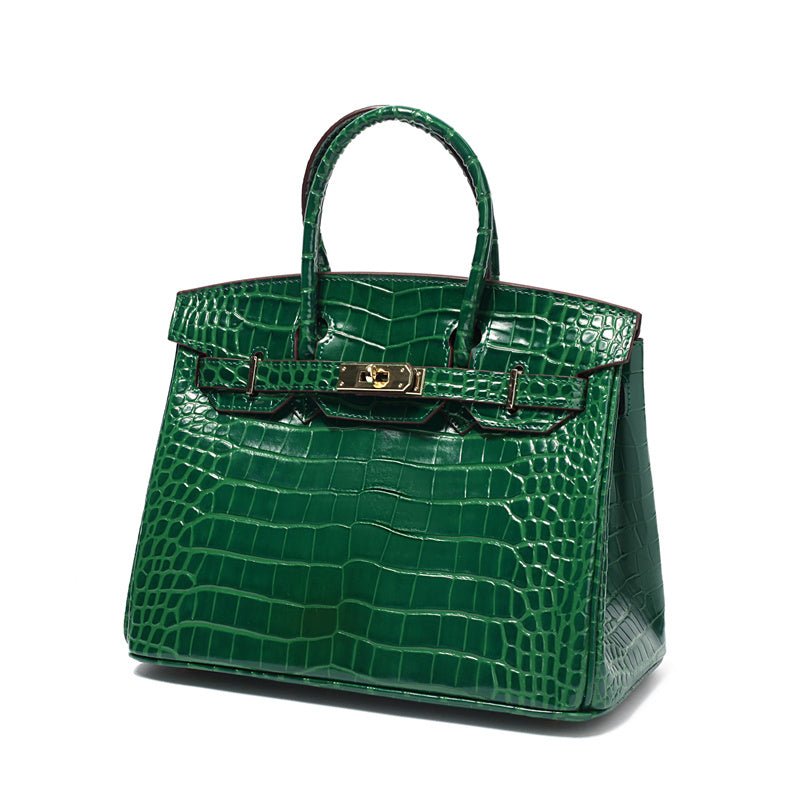 Genuine Leather Twist Lock Multi Pocket Handbag with Gold Hardware for Women