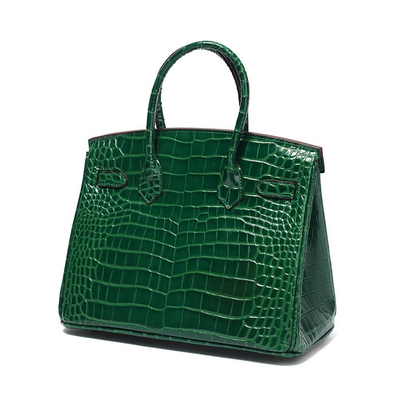 Genuine Leather Twist Lock Multi Pocket Handbag with Gold Hardware for Women