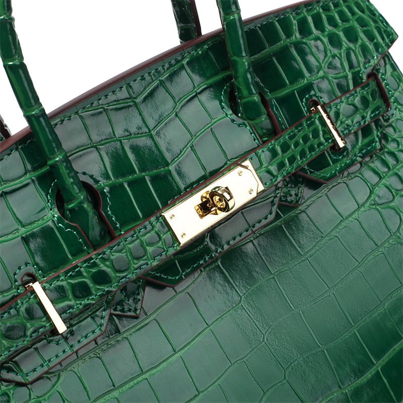 Genuine Leather Twist Lock Multi Pocket Handbag with Gold Hardware for Women