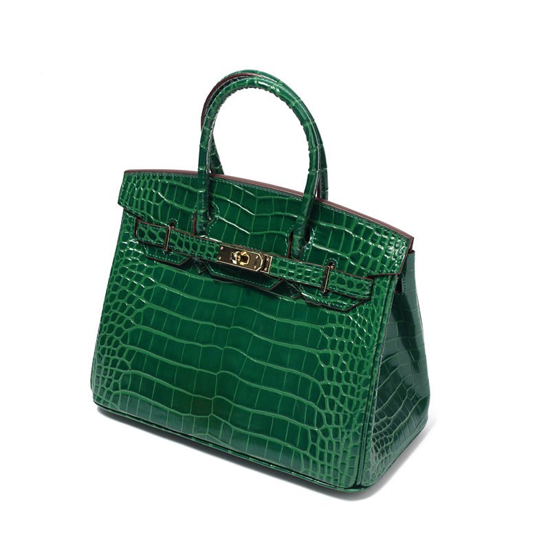 Genuine Leather Twist Lock Multi Pocket Handbag with Gold Hardware for Women