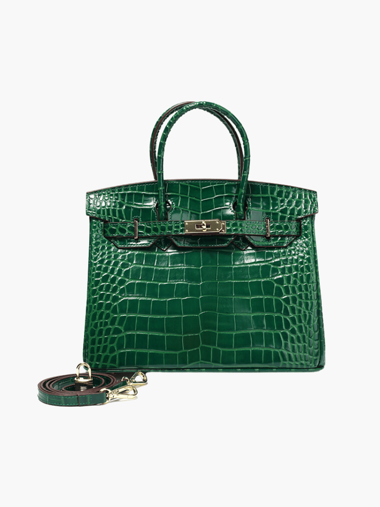 Genuine Leather Twist Lock Multi Pocket Handbag with Gold Hardware for Women