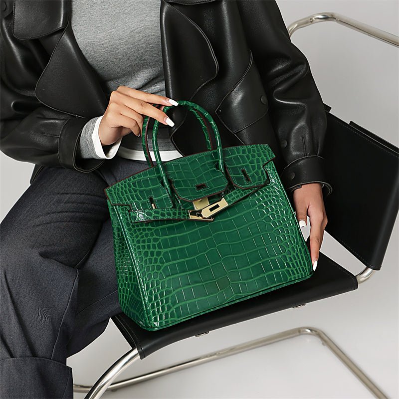 Genuine Leather Twist Lock Multi Pocket Handbag with Gold Hardware for Women