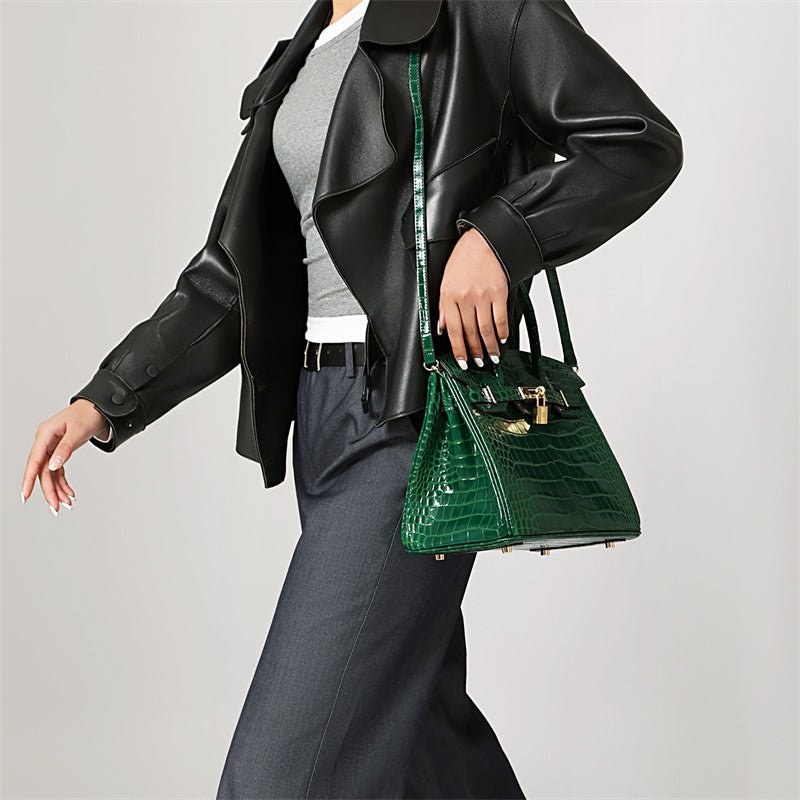 Genuine Leather Twist Lock Multi Pocket Handbag with Gold Hardware for Women