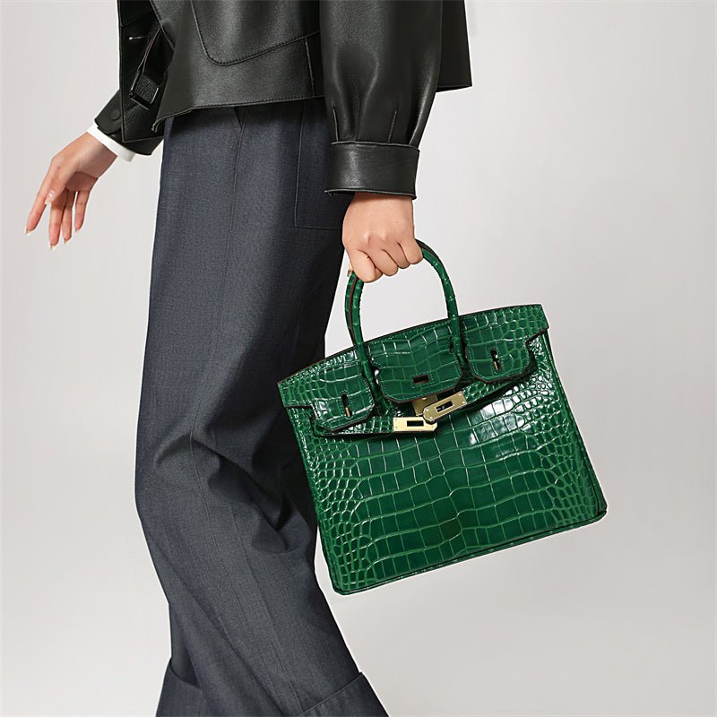 Genuine Leather Twist Lock Multi Pocket Handbag with Gold Hardware for Women
