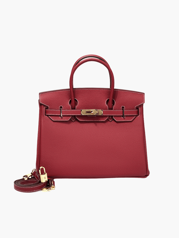 Genuine Leather Twist Lock Multi Pocket Handbag with Gold Hardware for Women