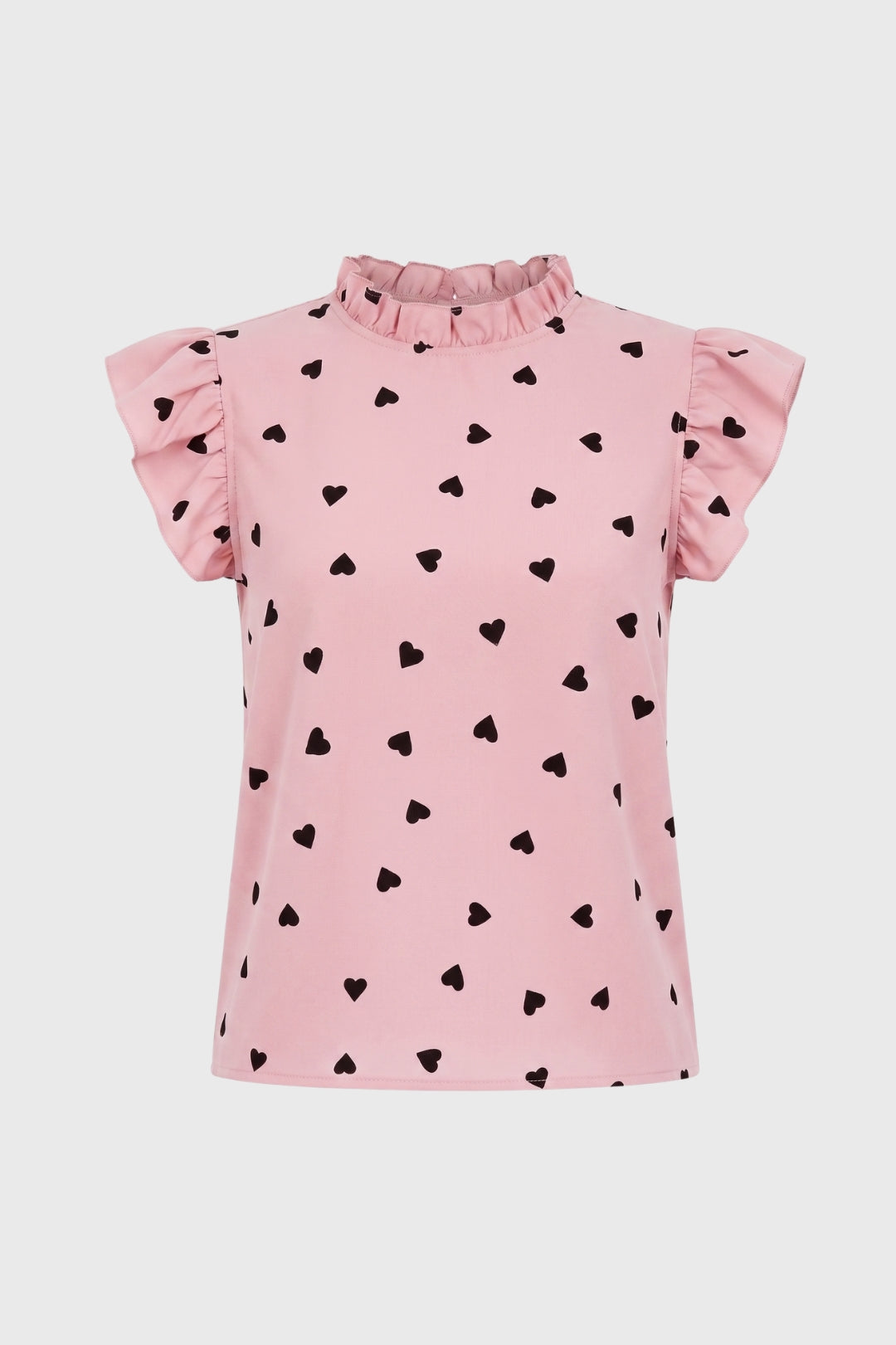 Heart Print Ruffle Sleeve High Neck Top for Women