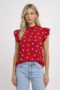 Heart Print Ruffle Sleeve High Neck Top for Women