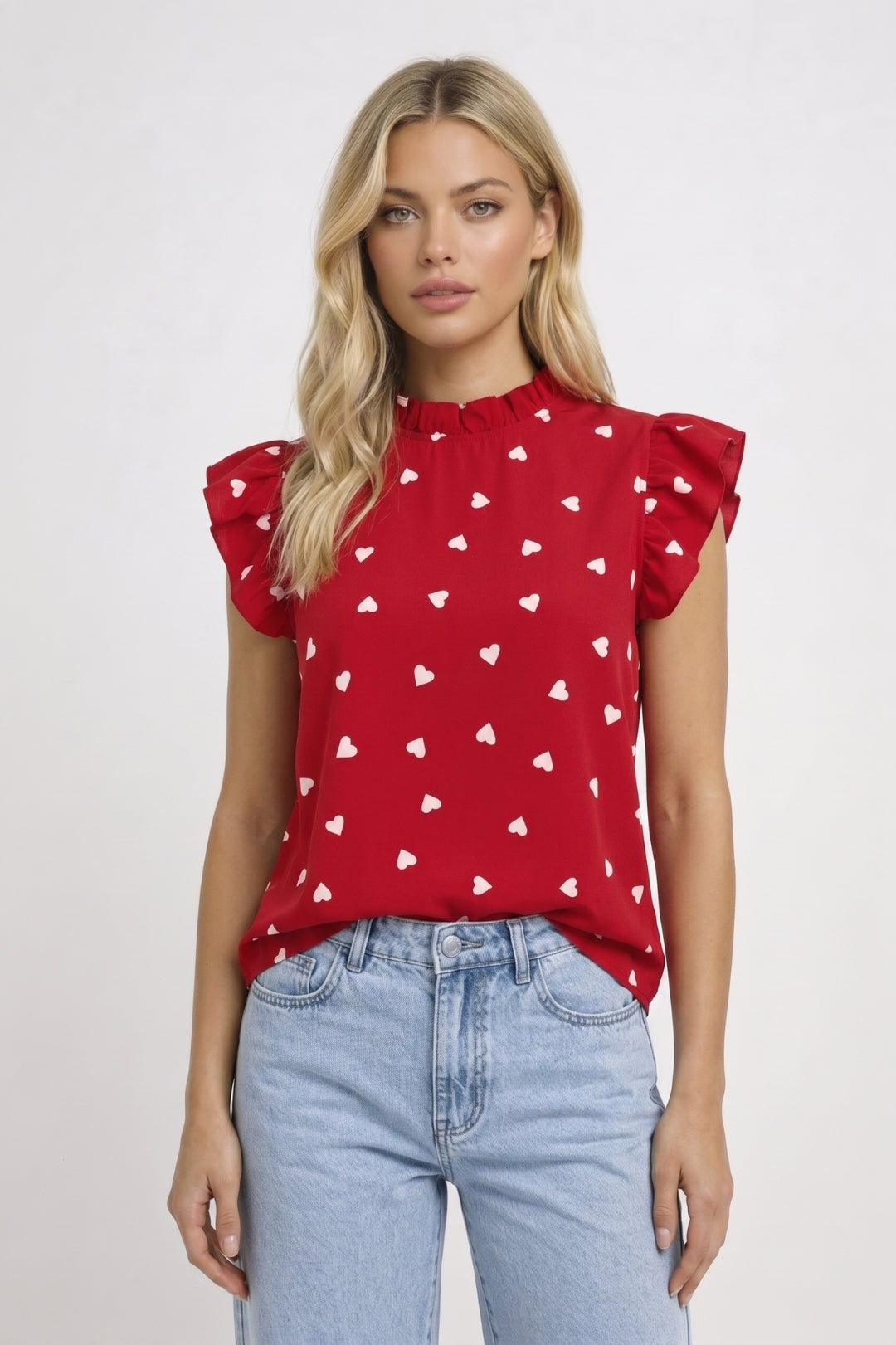 Heart Print Ruffle Sleeve High Neck Top for Women