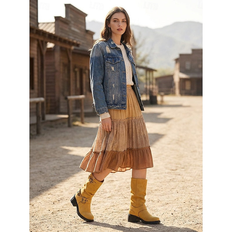 Mid Calf Vintage Buckle Biker Boots with Block Heel and Lug Sole for Women