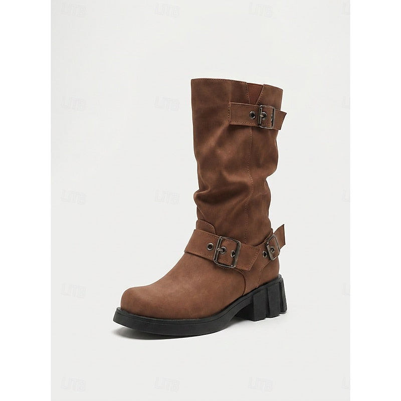 Mid Calf Vintage Buckle Biker Boots with Block Heel and Lug Sole for Women