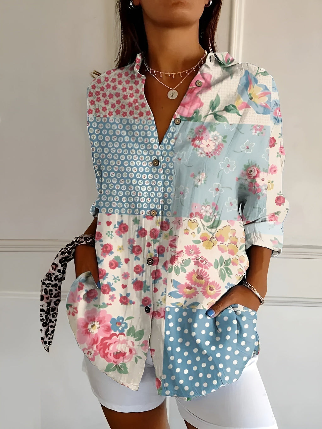 Abstract Print Split Neck Blouse for Women